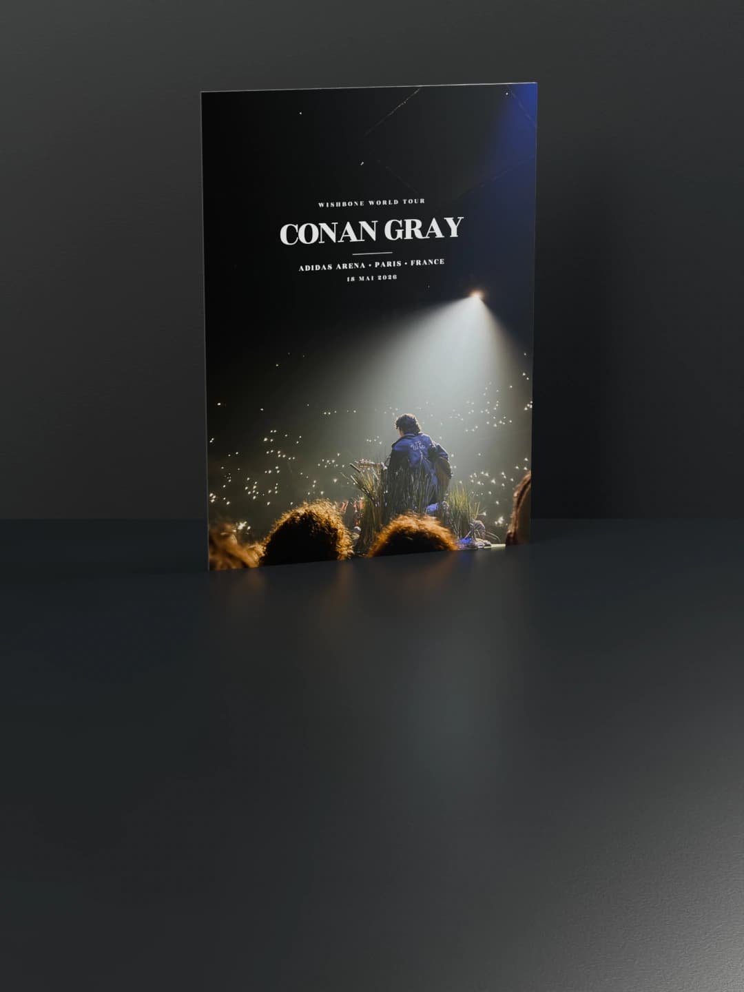 Affiche de concert Conan Gray imprimée sur Dibond, posée contre un mur sombre